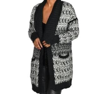Cynthia Rowley Sweater Black Alpaca Open Front Cardigan Long Chunky Size Medium